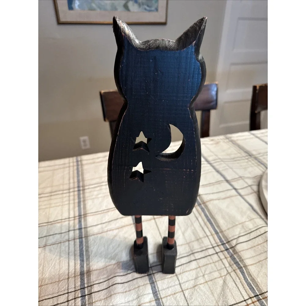 Wooden Black Cat Halloween Figurine Rustic Folk Art Anthropomophic Kitty Smiling